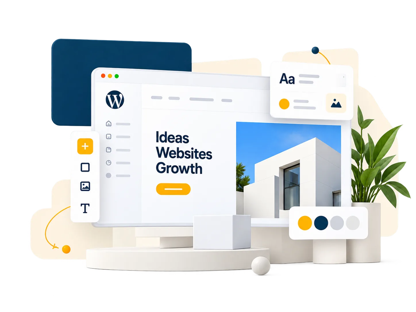 Website design workspace with a modern website preview, editing tools, and Webizii’s navy and gold palette.